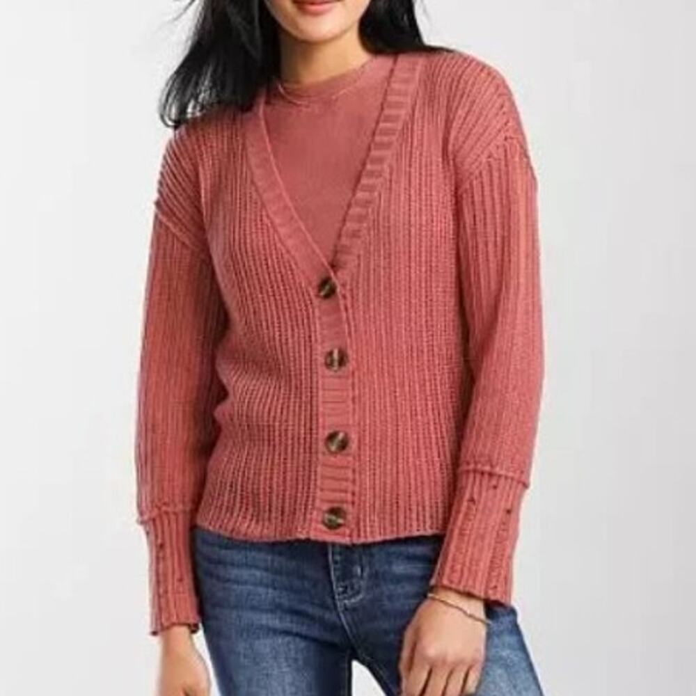 BKE Buckle Pink Button Up Knit Pointelle Tank & Cardigan Sweater Set Medium